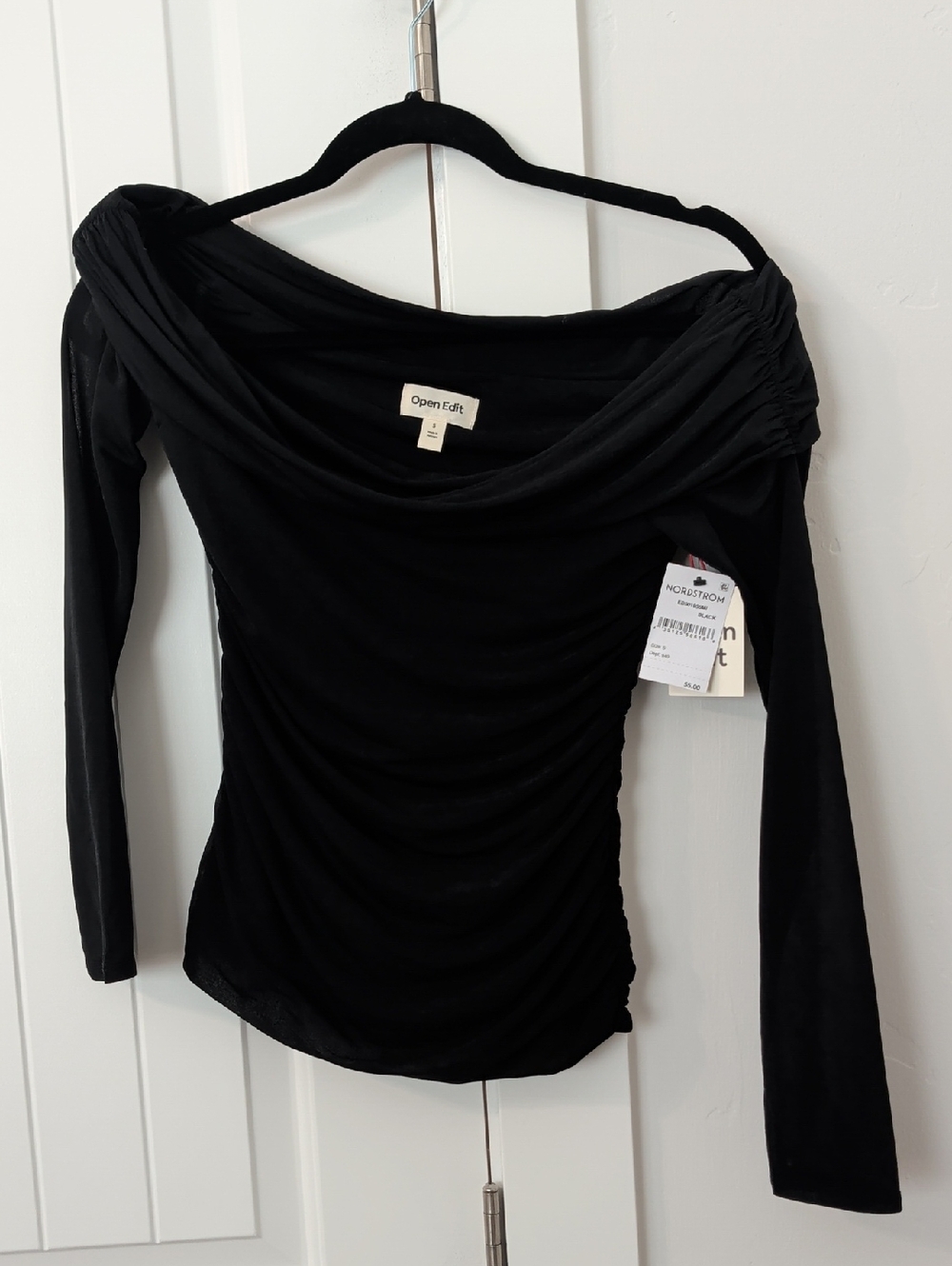 Open Edit Off-the-Shoulder Ruched Long Sleeve Top — Size S | NWT